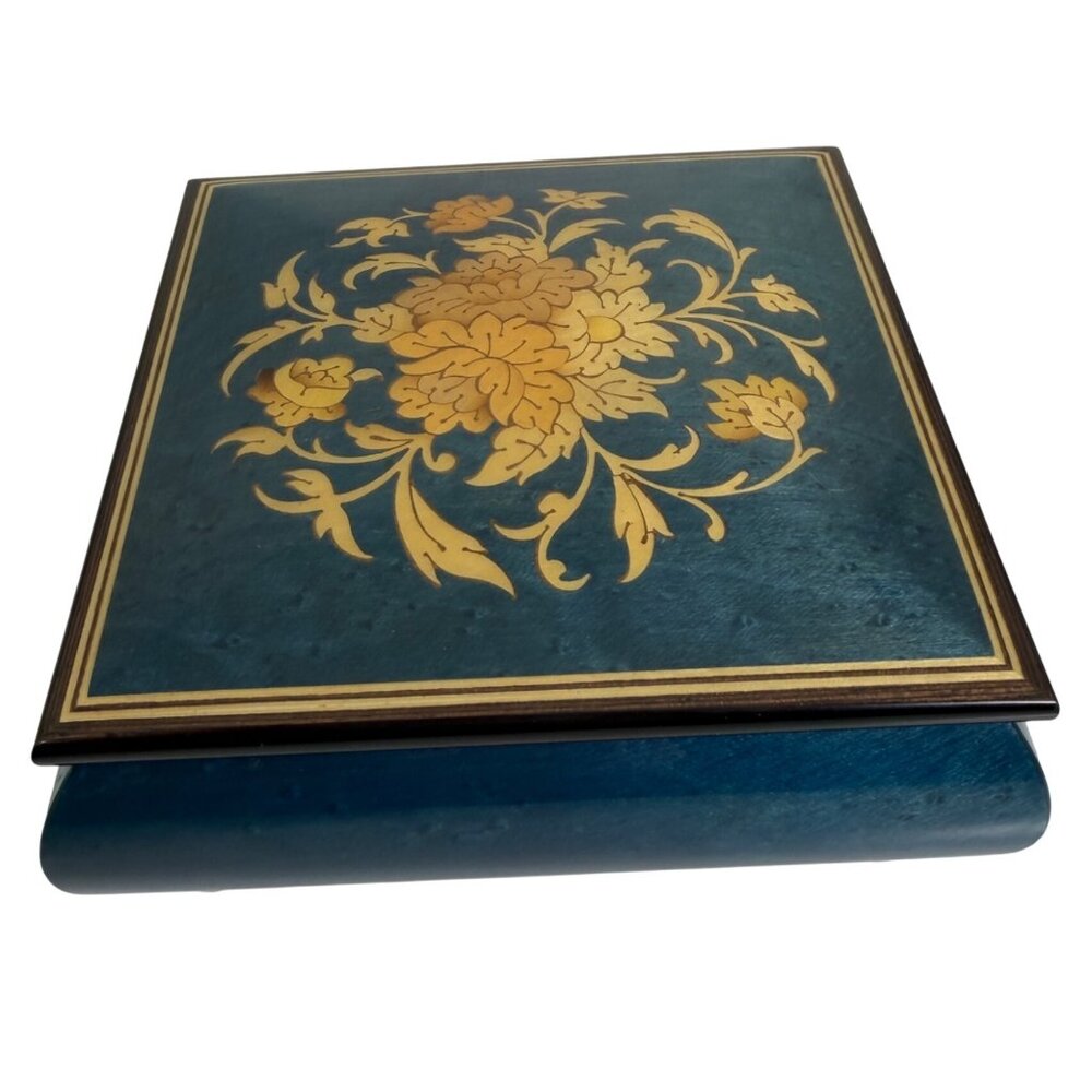 Vintage Reuge Musical Jewelry Box with Floral Wood Marquetry Inlay